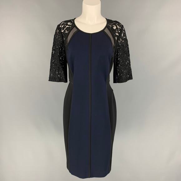 REBECCA TAYLOR Size 10 Black & Navy Rayon Blend Below Knee Sheath Dress - Picture 1 of 6
